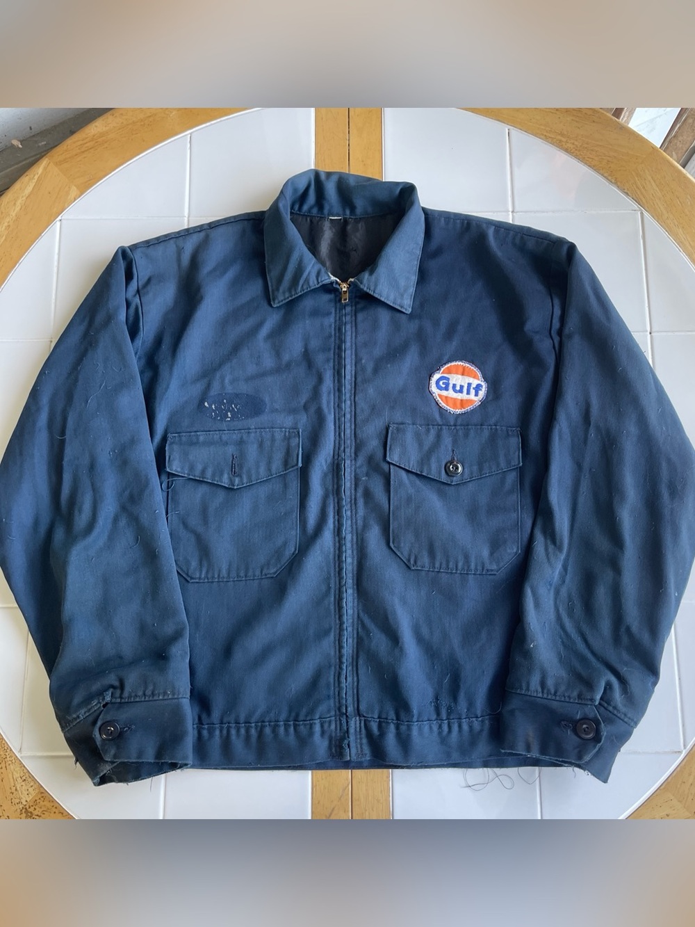 Vintage Mechanic Workwear Bomber Jacket Gulf Oil Medium Distressed Talon Zip 60s